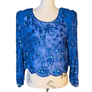 Vintage 80s Blue Sequin Beaded Silk Sheer Crop Top Floral Evening Bolero